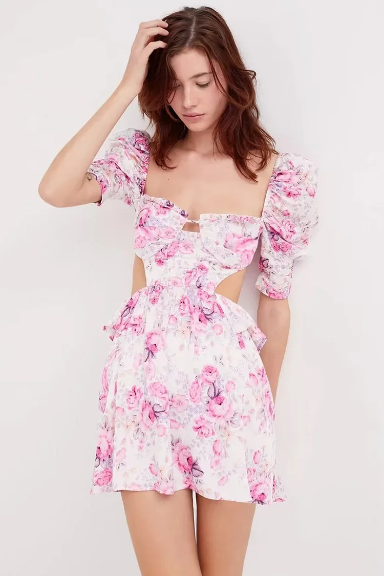 Irregular Neck Short Bell Sleeve Backless Cutout Tied Up Ruffle Floral Print Vacation Mini Dress