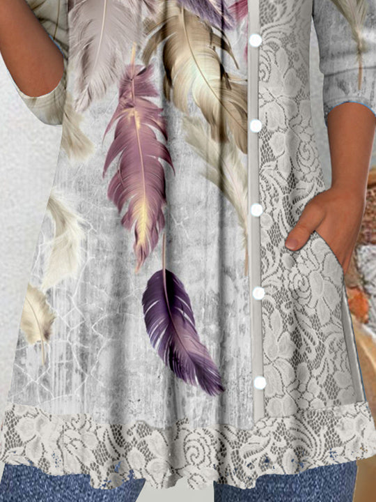 Women's Long Sleeve Scoop Neck Graphic Lace Tops