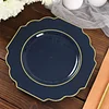 10 Pack | 8" Navy Blue Hard Plastic Dessert Appetizer Plates, Disposable Tableware, Baroque Heavy Duty Salad Plates with Gold Rim