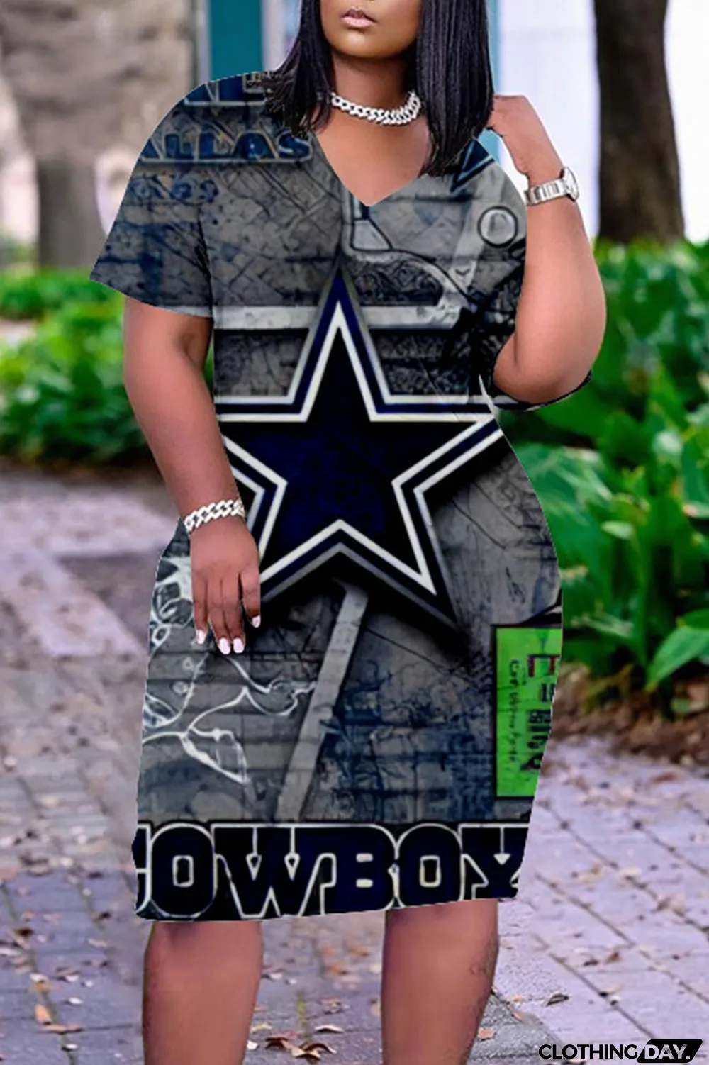 Blue White Casual Print Patchwork V Neck Straight Dresses