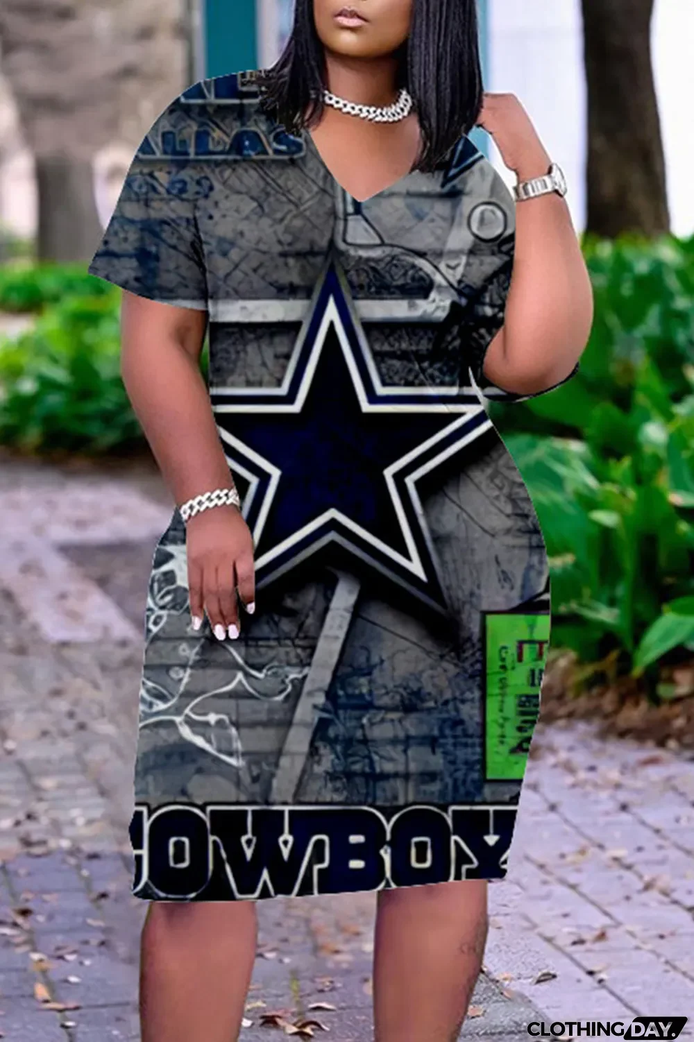 Blue White Casual Print Patchwork V Neck Straight Dresses