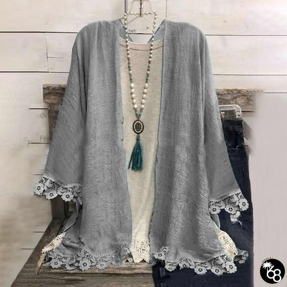 Casual Long Sleeve Stitching Lace Solid Color Kimono | 168DEAL