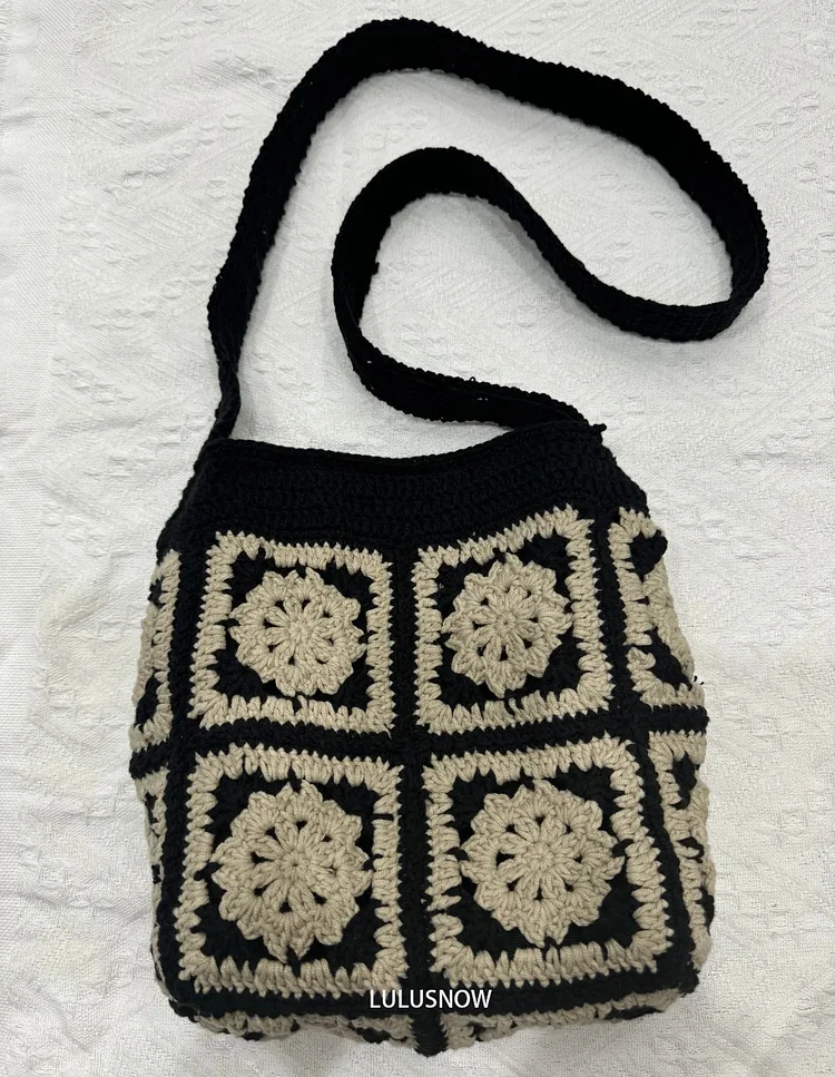 Lulusnow Handmade Black Granny Square Crochet Crossbody Bag