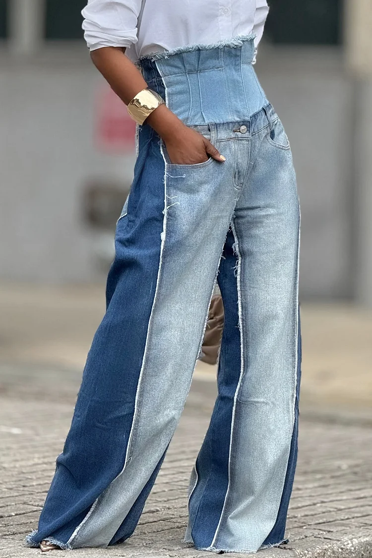 Plus Size Daily Blue Casual Colorblock Contrast Tummy Control Denim Jeans [Pre-Order] 2024 - Xpluswear