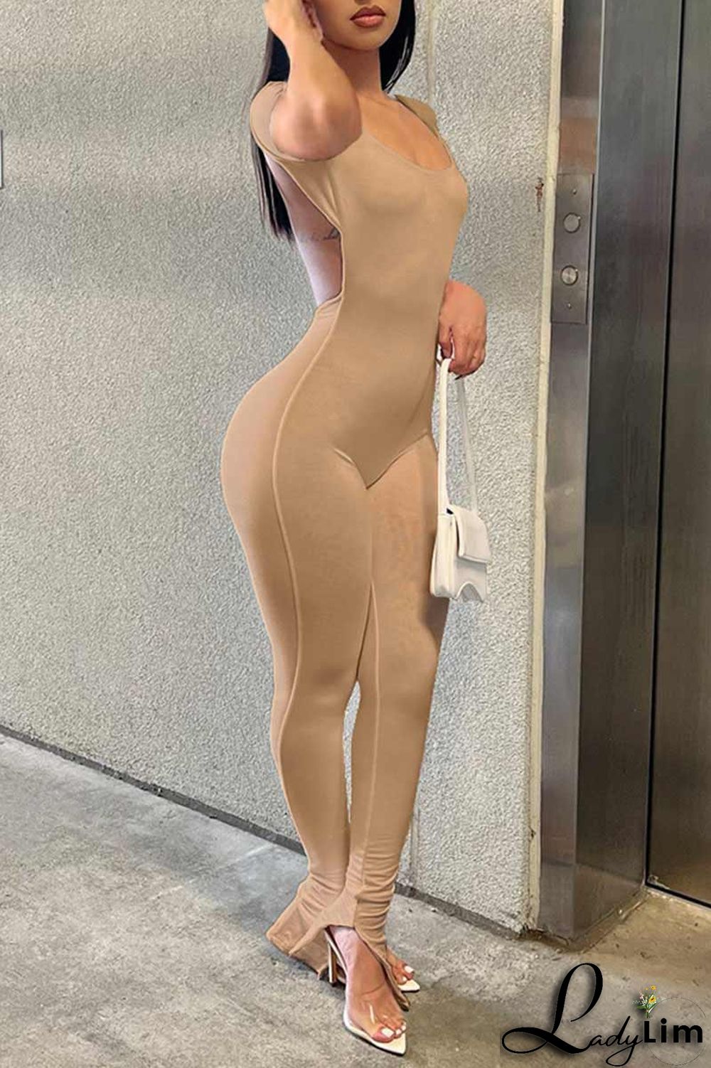 Green Sexy Solid Patchwork Backless U Neck Skinny Jumpsuits