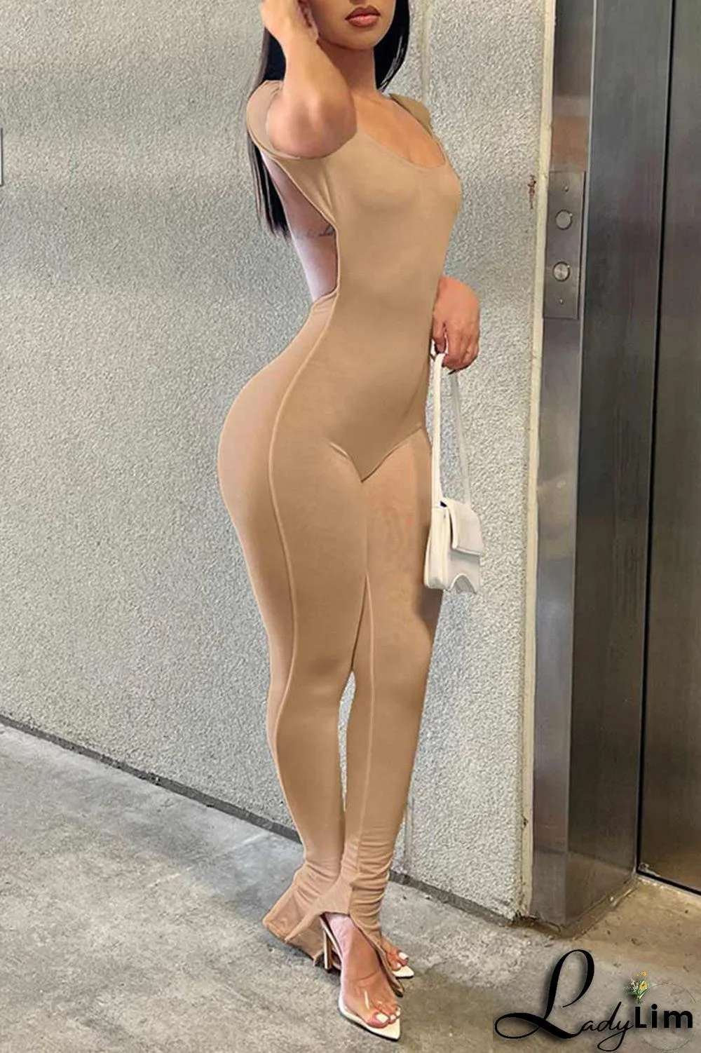 Green Sexy Solid Patchwork Backless U Neck Skinny Jumpsuits