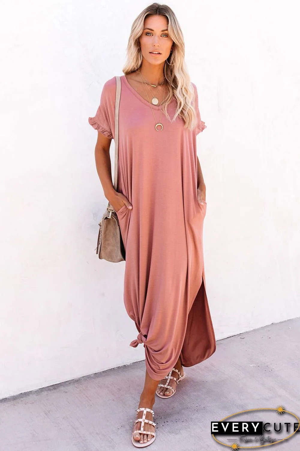 Pink Loose Fit Cotton Blend V Neck Maxi Dress with Slits