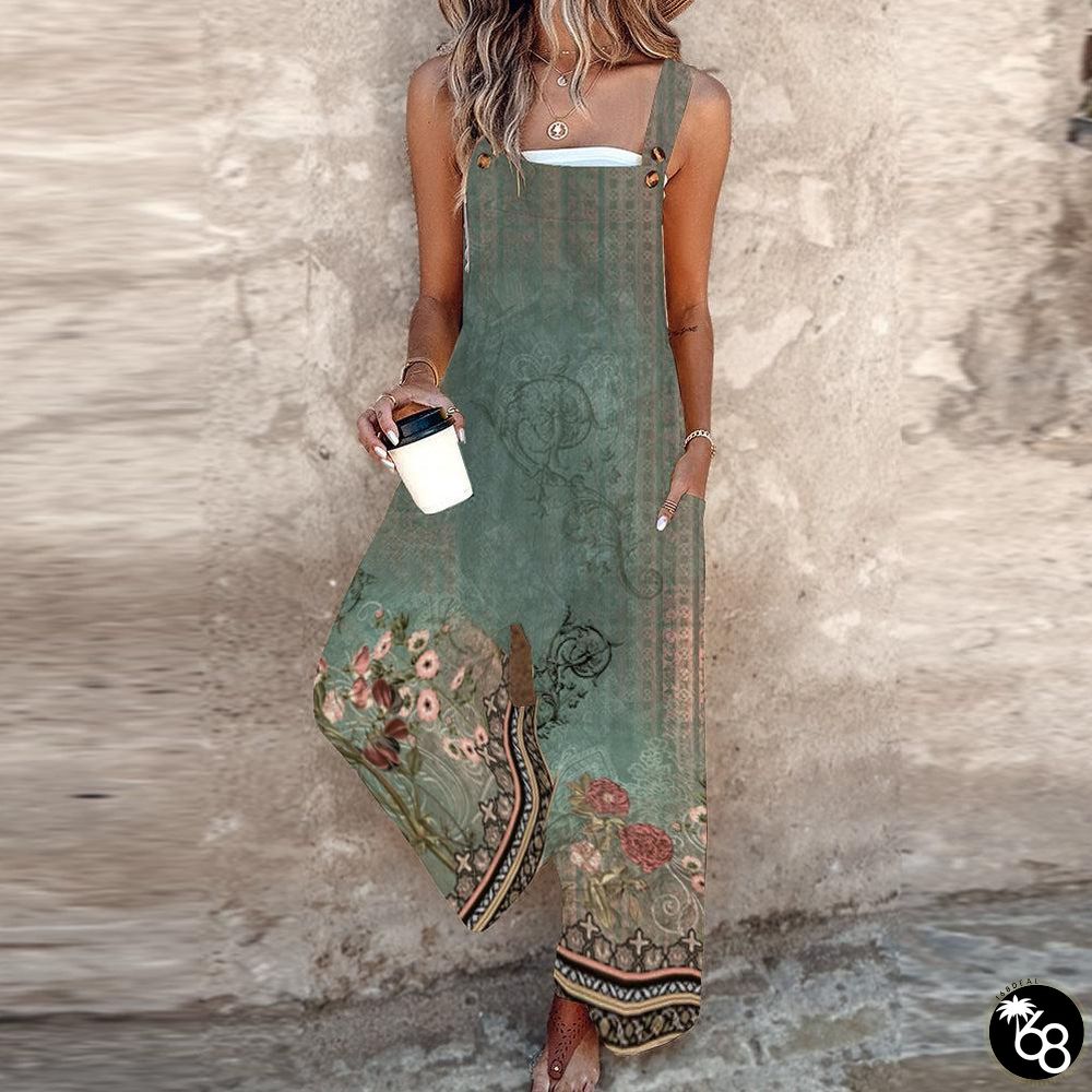 Green Floral Print Sleeveless Jumpsuit | 168DEAL
