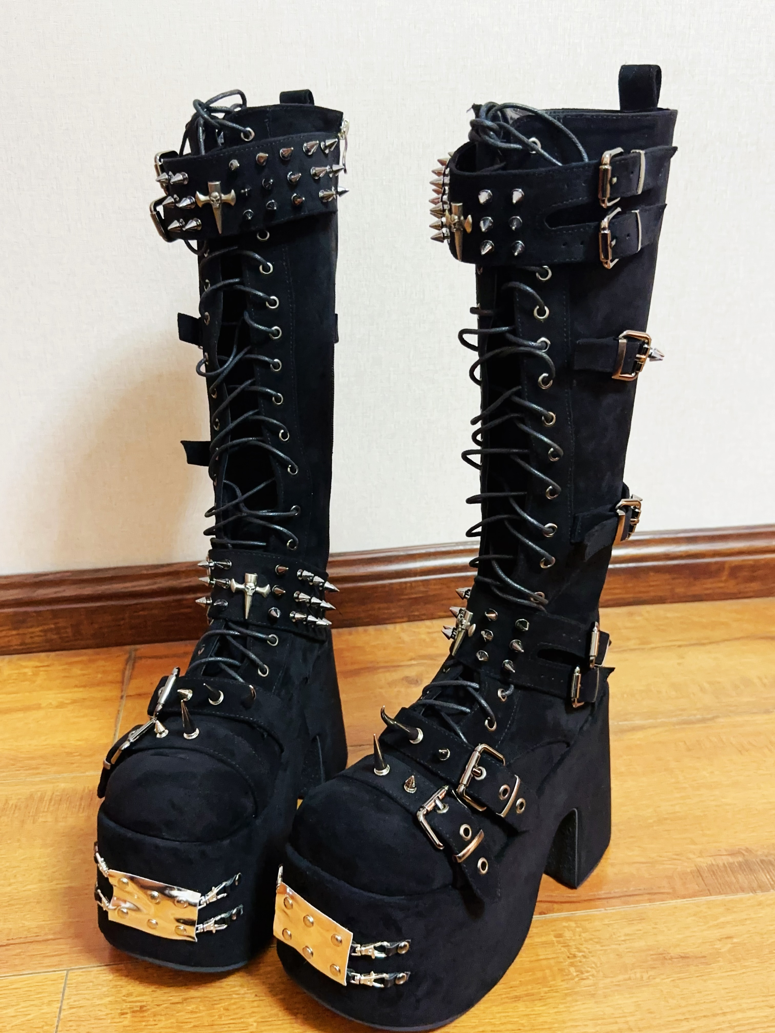 GOOSHOE Motorcycle Boots High Heels Pumps Knight Boots Girl Punk Gothic Long Boots Shoes Rock Heavy Industry