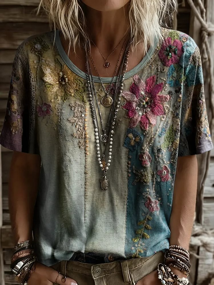 Ethnicity Flowers Texture Patchwork Women And Men's Vintage Art Print Casual T-shirt