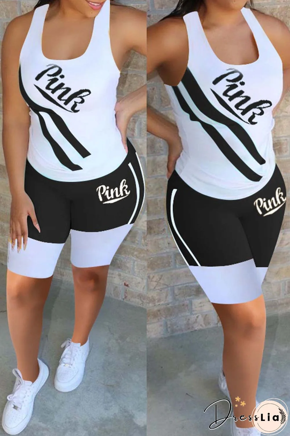 Casual Sportswear Letter Print Split Joint U Neck Sleeveless Two Pieces