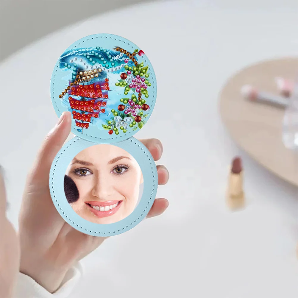DIY Diamond Art Portable Cosmetic Mirror Diamond Painting Crafts (Sailboat)