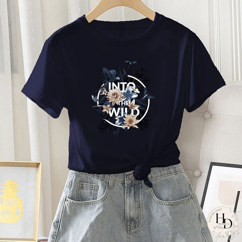 Womens Fashion Short Sleeve Summer Casual Regular T-Shirt Letter Flower Print Ladies
