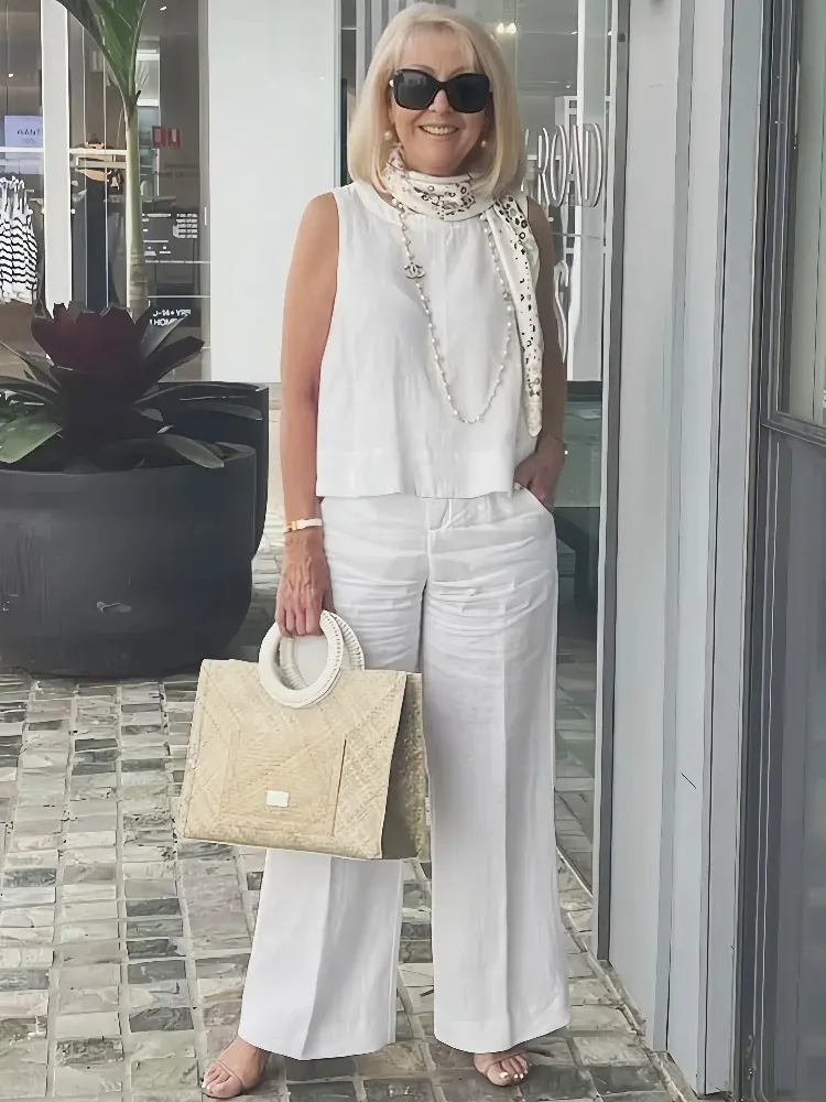 Sleeveless Solid Cotton and Linen Set for Breathable and Comfortable Holiday Two-Piece Set