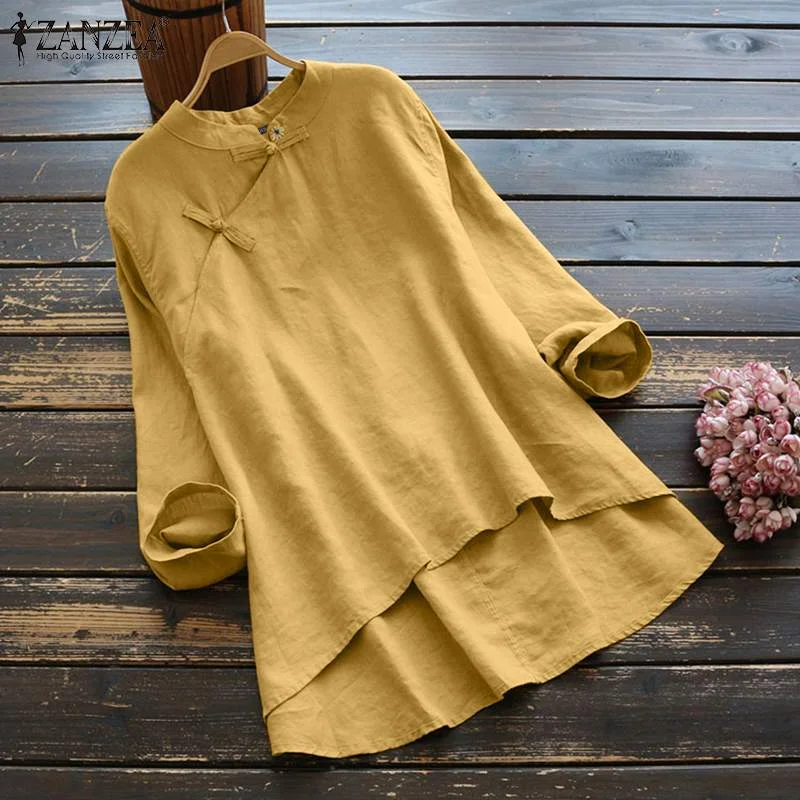 Spring Vintage Long Sleeve Blouse 2022 ZANZEA Women Asymmetrical Tops Casual Solid Cotton Shirt Femme Loose Blusas