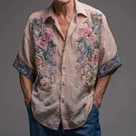 Men's Vintage Floral Embroidered Short Sleeve Linen Shirt - Image 2