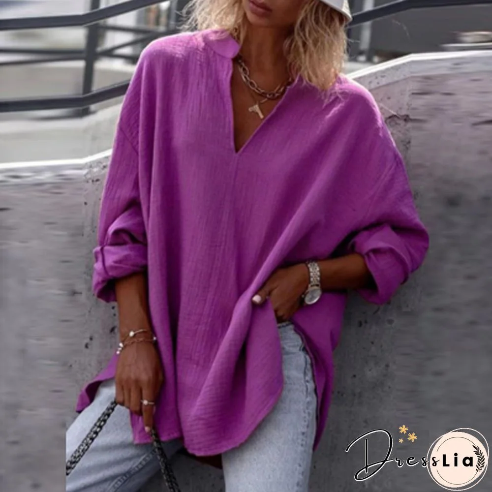 Women Autumn Casual Long Sleeve V-Neck Blouse Solid Color Loose Pullover Top Ladies Commuter Fashion Simple All-match Shirt