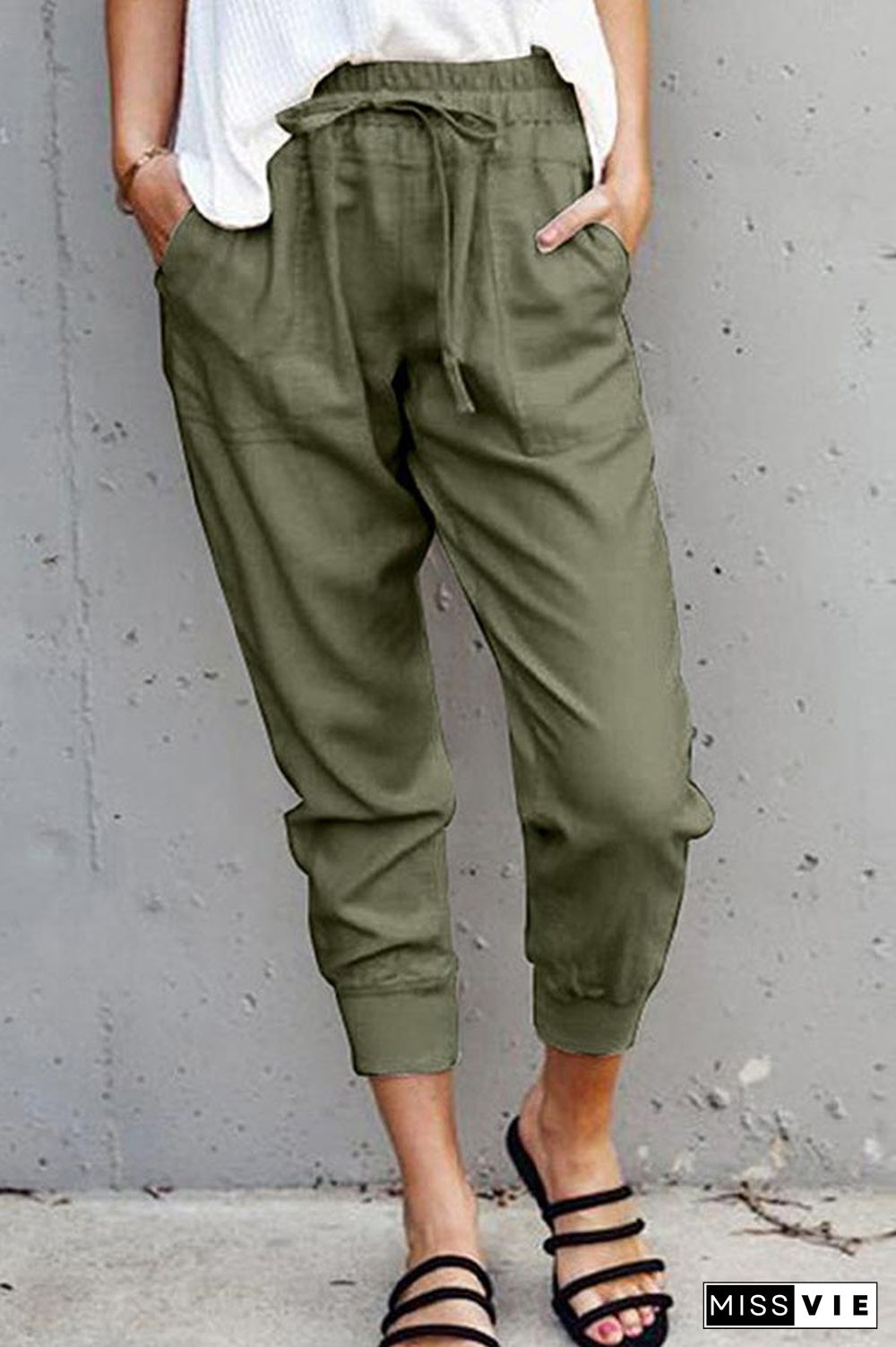 Casual Solid Lace-up Slim Cropped Trousers