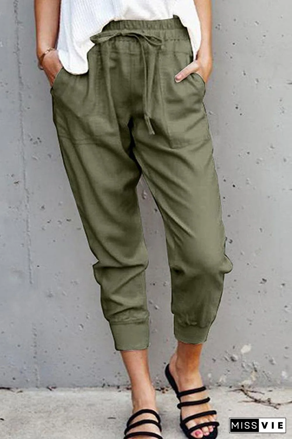 Casual Solid Lace-up Slim Cropped Trousers