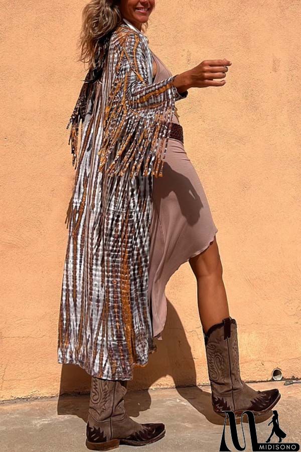 MidiSono - Evaluna Tie-dye Print Tassel Sleeve Midi Cover-up