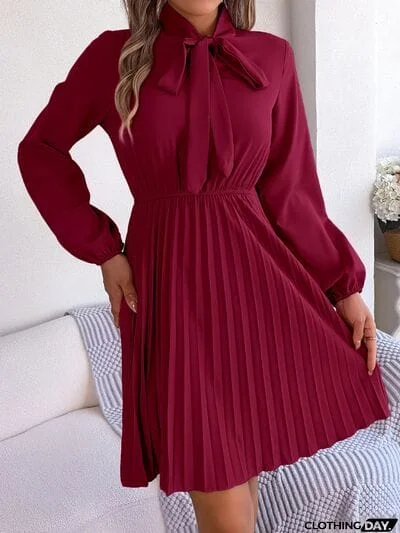 Tie Neck Balloon Sleeve Pleated Dress