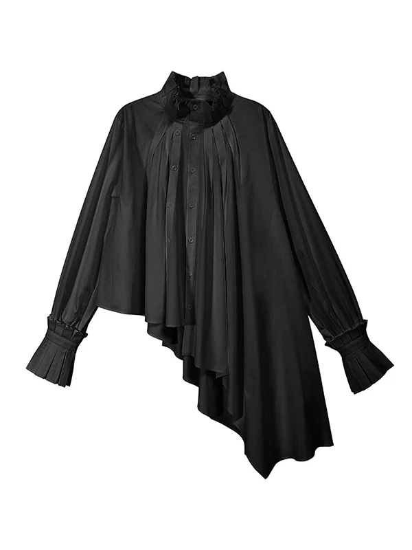 Asymmetric Falbala Puff Sleeves High-Neck Blouse