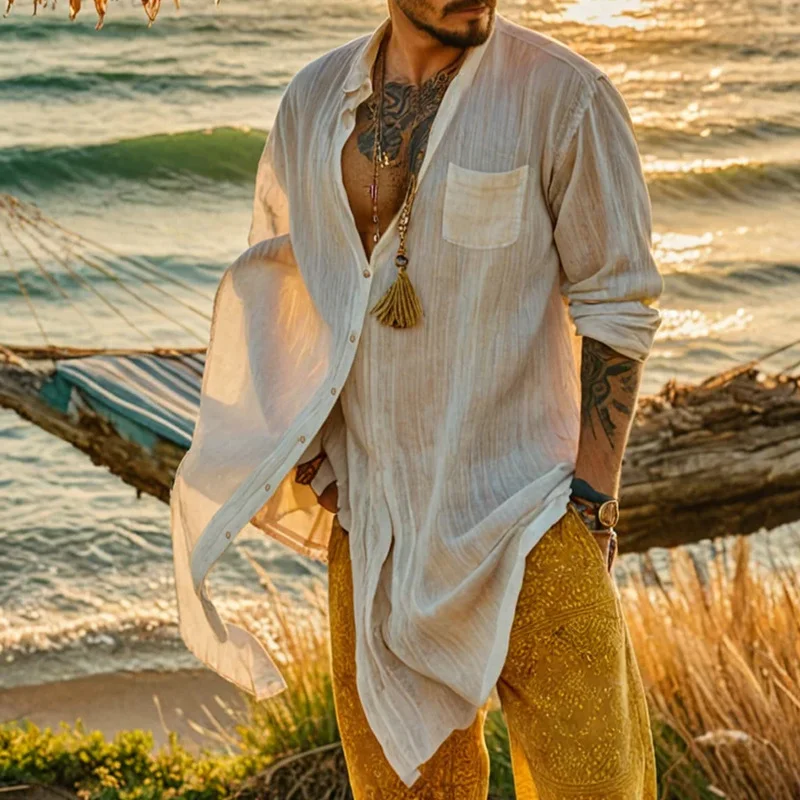 Men's Casual Beach Pocket Design Long Sleeve Shirt