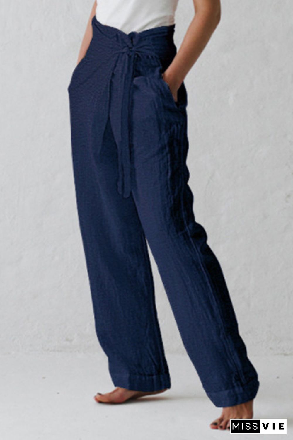 Casual Solid Strap Design Straight Mid Waist Solid Color Bottoms