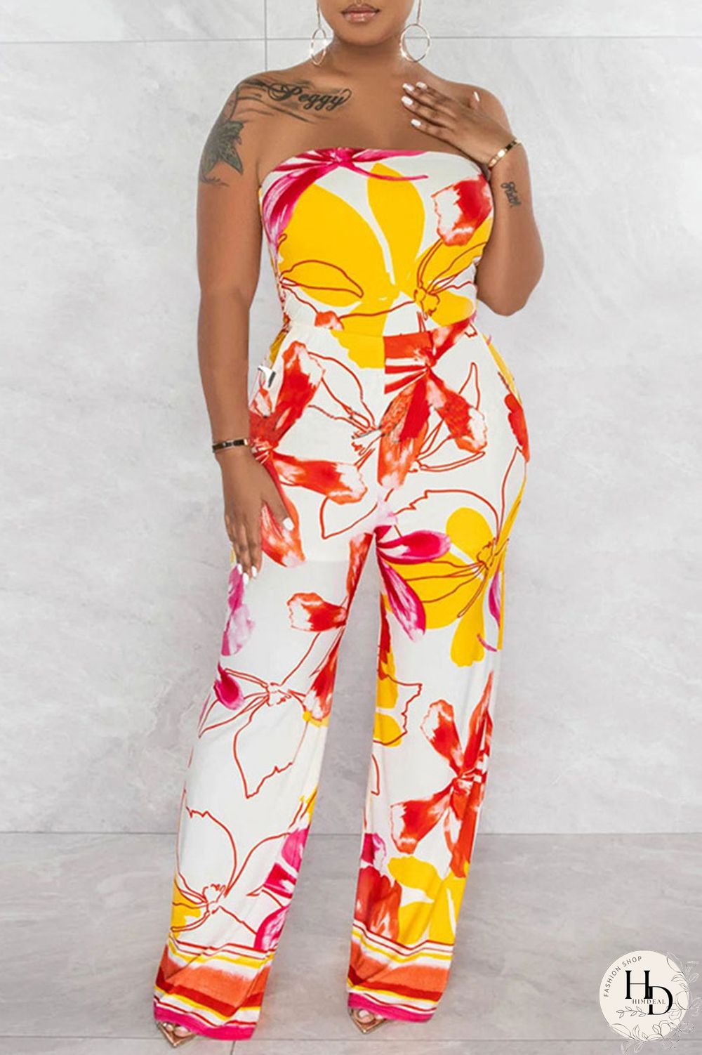 Yellow Sexy Print Patchwork Strapless Straight Jumpsuits