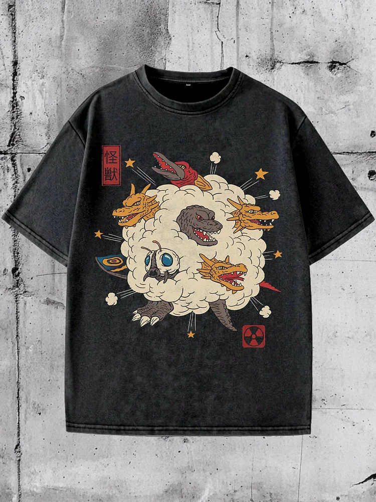 Men's Retro Animal Monsters Fun Japanese Art Print Cotton Washed T-Shirt
