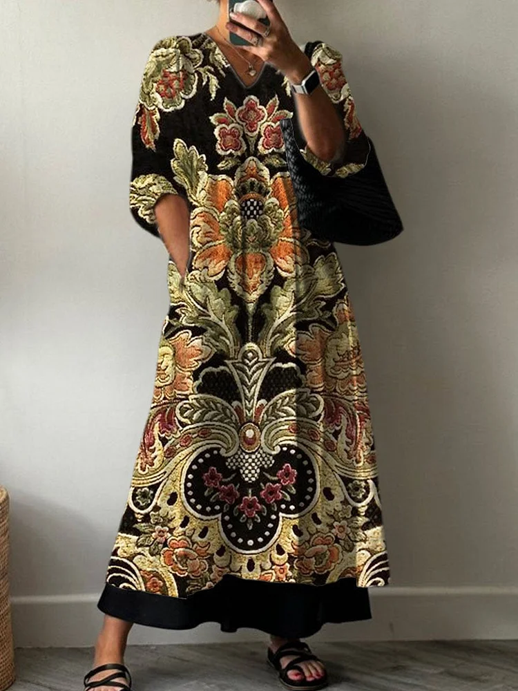 Women's Vintage Lovely Floral Art Print Pocket V-neck Cotton Dress
