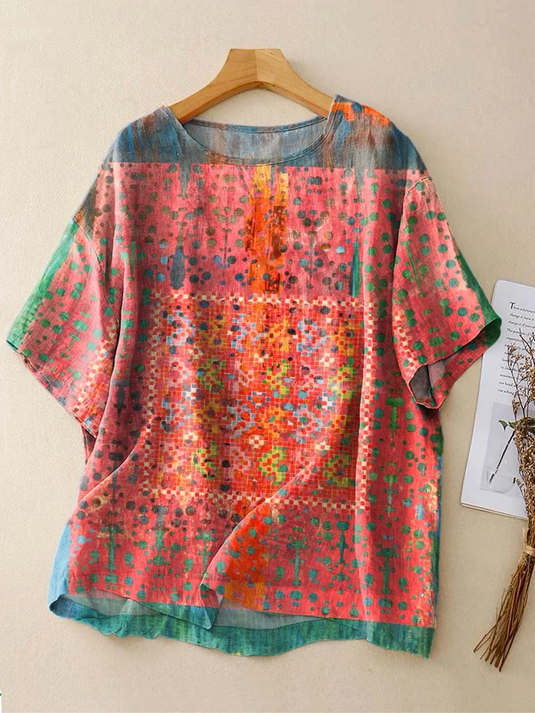 Women's Vintage Pattern Art Print Casual Cotton Linen Crew Neck Shirt
