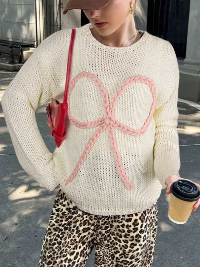 Athvotar Athvotar Yang Autumn And Winter Sweater Women Loose Round Collar Hand Embroidered Bow Jacket Coat