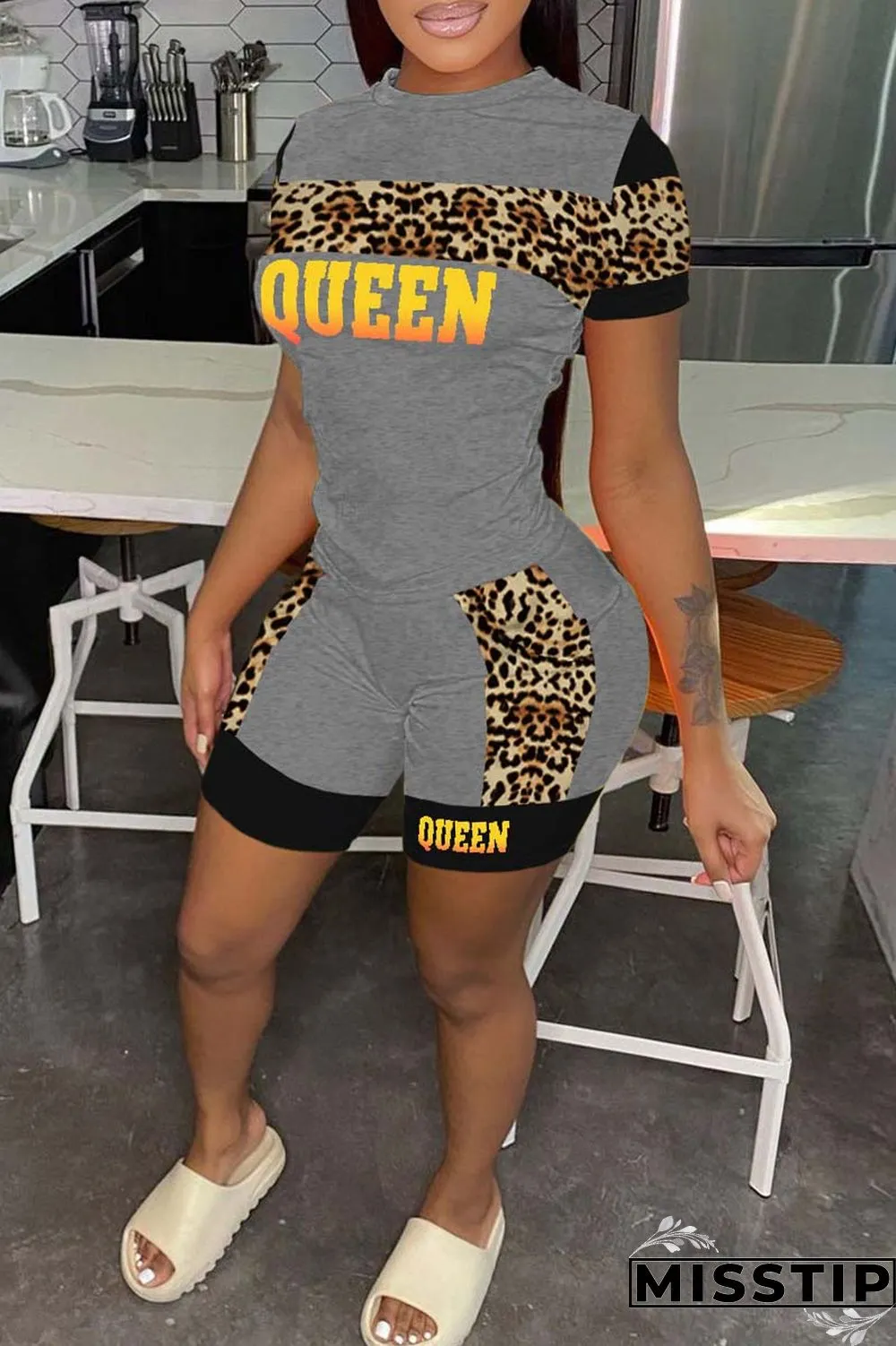 Pink Casual Letter Print Patchwork O Neck Short Sleeve Two Pieces