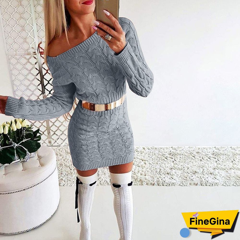 4 Color Spring Autumn New Women Fashion Long Sleeve Off Shoulder Knit Sweater Dress Plus Size Women Mini Dress Plus Size S-3XL