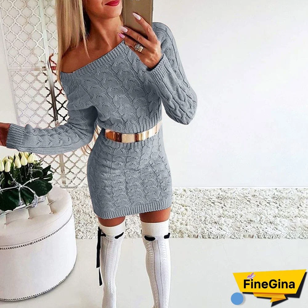 4 Color Spring Autumn New Women Fashion Long Sleeve Off Shoulder Knit Sweater Dress Plus Size Women Mini Dress Plus Size S-3XL
