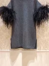 2024 Autumn Women's T-shirt Fashion Exquisite Cuff Splicing Ostrich Feather Sleeve Knitted Sweater Top Casual Hoodie