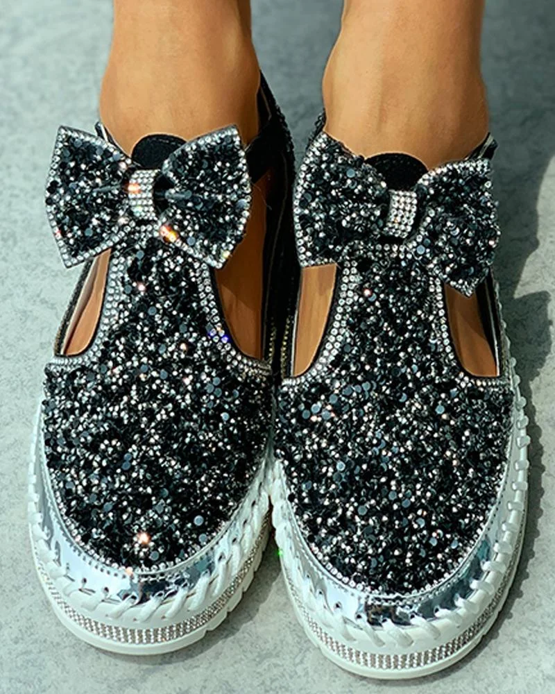 Studded Bowknot Cutout Casual Shoes
