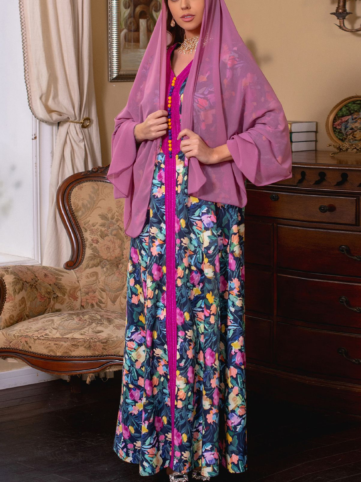 Floral Pattern Vneck Long Sleeve Kaftan | Oxredo Shop Ramadan Sale
