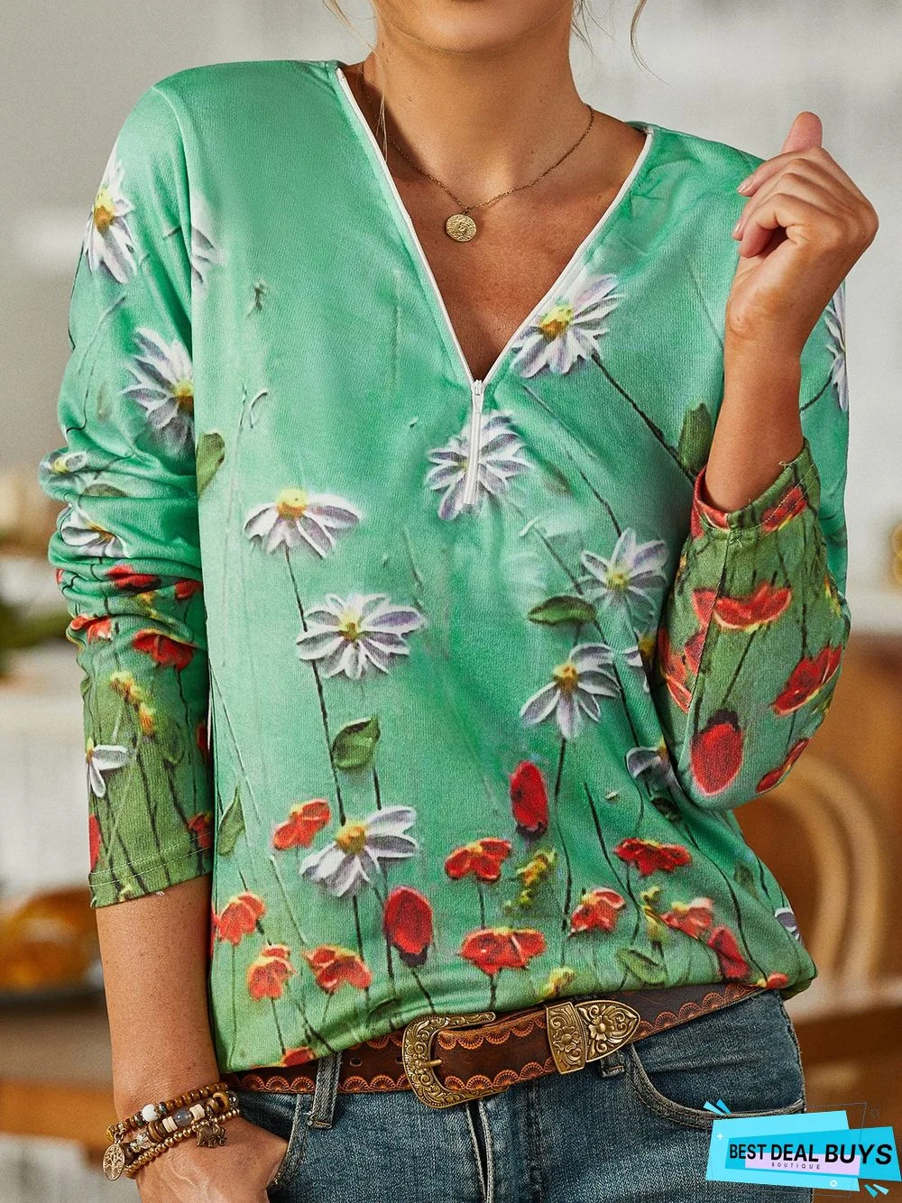 New Women Fashion Holiday Vintage Floral Long Sleeve Casual V Neck Tunic Top