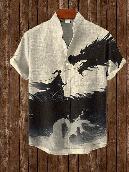 Men's Vintage Myth Dragon Warrior Printed Short Sleeve Shirt