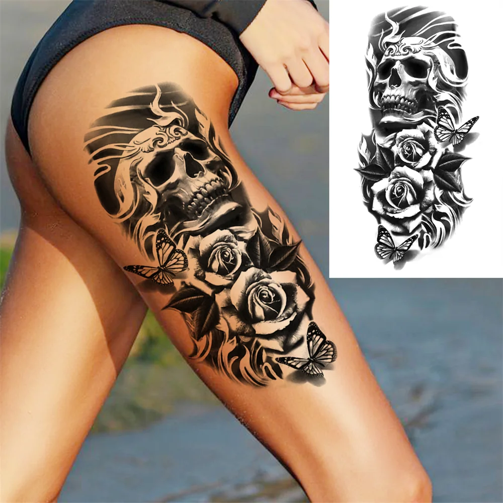 Sdrawing Clock Temporary Tattoo For Men Women Children Skeleton King Dragon Hourglass Black Tattoo Sticker Fake Snake Adults Tatoos