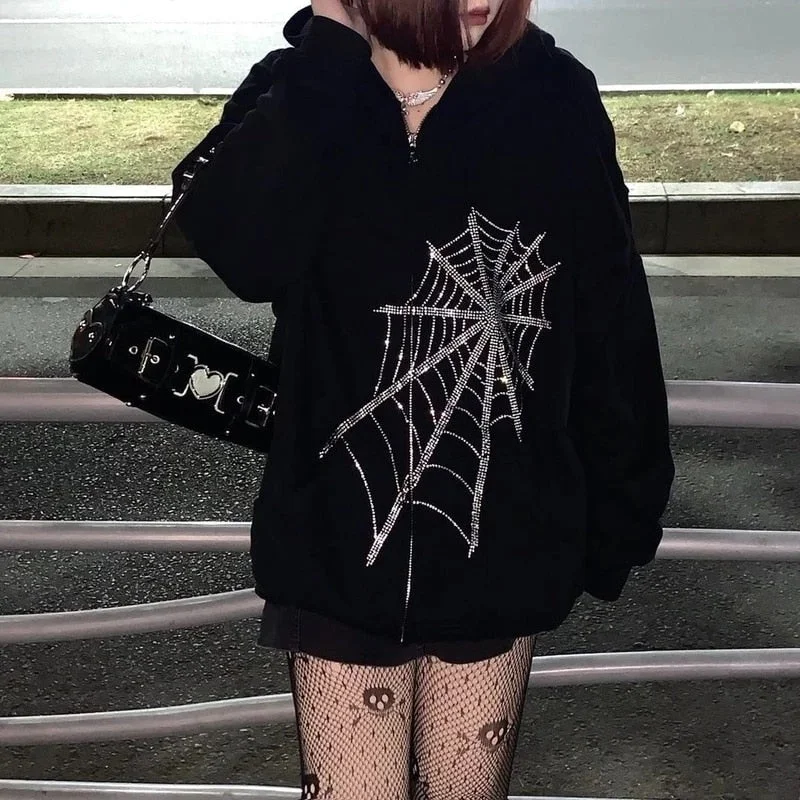 Gothic Rhinestone Spider Web Zipper Hoodie Women Y2K Streetwear Loose Hooded Jacket Couple Harajuku Punk Oversized Sweatshirts