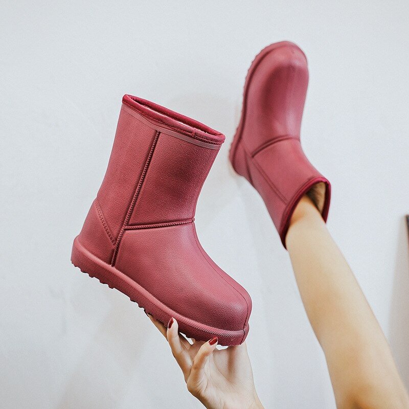 Winter Warm Plush Women Rainboots Solid Outdoor Waterproof Girls Fur Ankle Boots Slip-on EVA Ladies Rain Platform Shoes