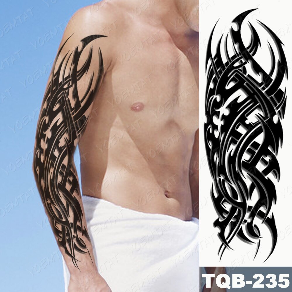 Gingf Temporary Full Arm Tattoo Sticker Flame Totem Thorns Eye Clock Demon Flash Tatoo Man Body Art Fake Sleeve Tatto Women