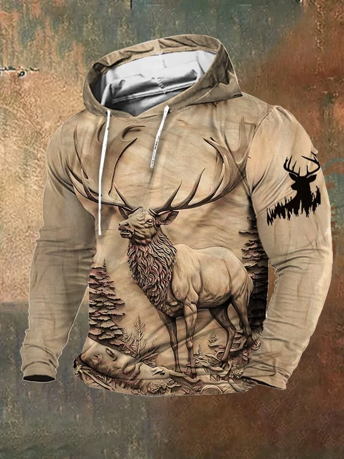 Men's Retro Western 3D Elk Print Hooded Sweatshirt