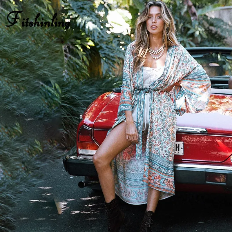 Fitshinling Print Floral Holiday Cardigan Long Kimono With Sashes Oversize Slim Sexy Bikini Cover Up Swimwear Women Outing Sale