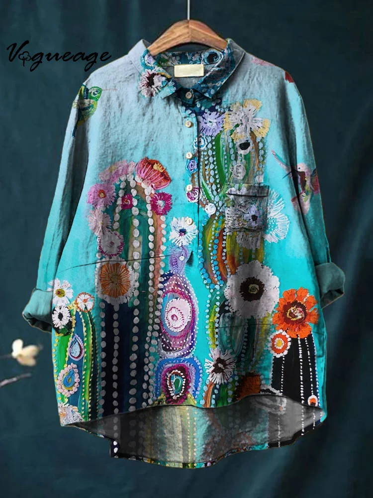 Colorful Bright Plant Cactus Small Flowers Printed Cotton And Linen Shirt