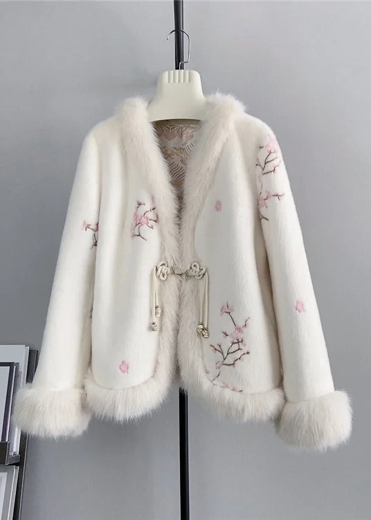 Vintage Pink V Neck Embroideried Fox Fur Mink Cashmere Coat Winter