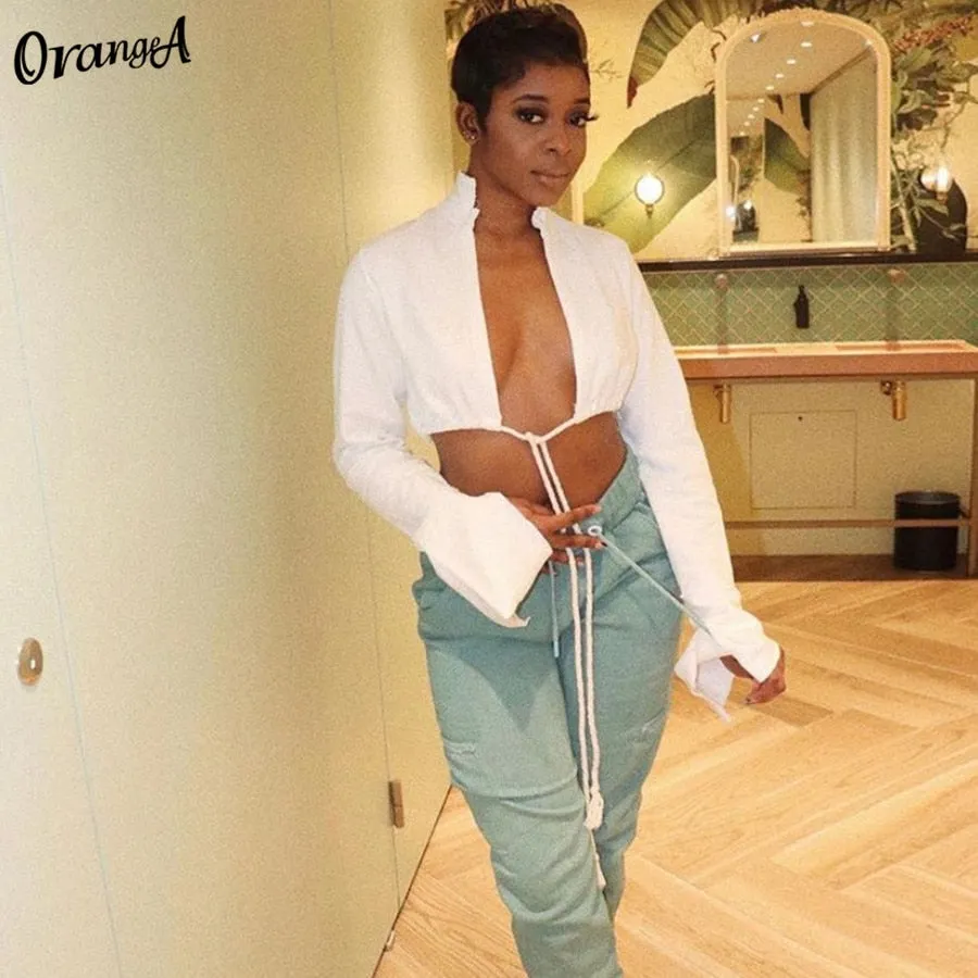 OrangeA fashion v-neck fashion drawstring bandage y2k tops casual Turtleneck fashion harajuku streetwear split long sleeve shirt